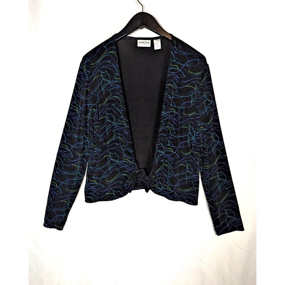 Chicos Travelers Cardigan Top Size 1 Womens M Slinky Open Front Tie V-Neck Shirt